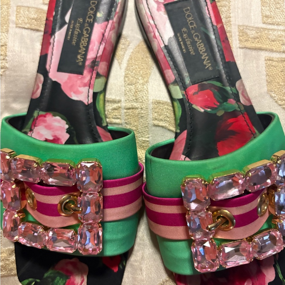 Dolce & Gabbana Green and Pink Floral Mules